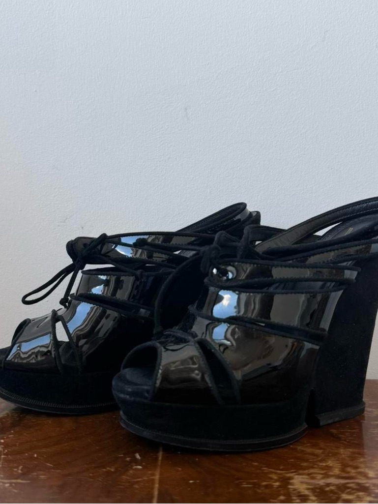 Yves Saint Laurent Black Patent And Suede Lace-Up Platform Wedge Heels